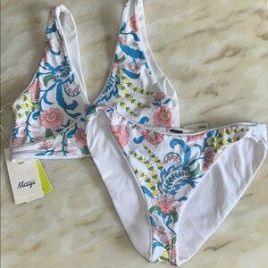 Maaji White Ribbed Pink Floral Reversible Jane Twisted Bikini Swimsuit Sz Med
